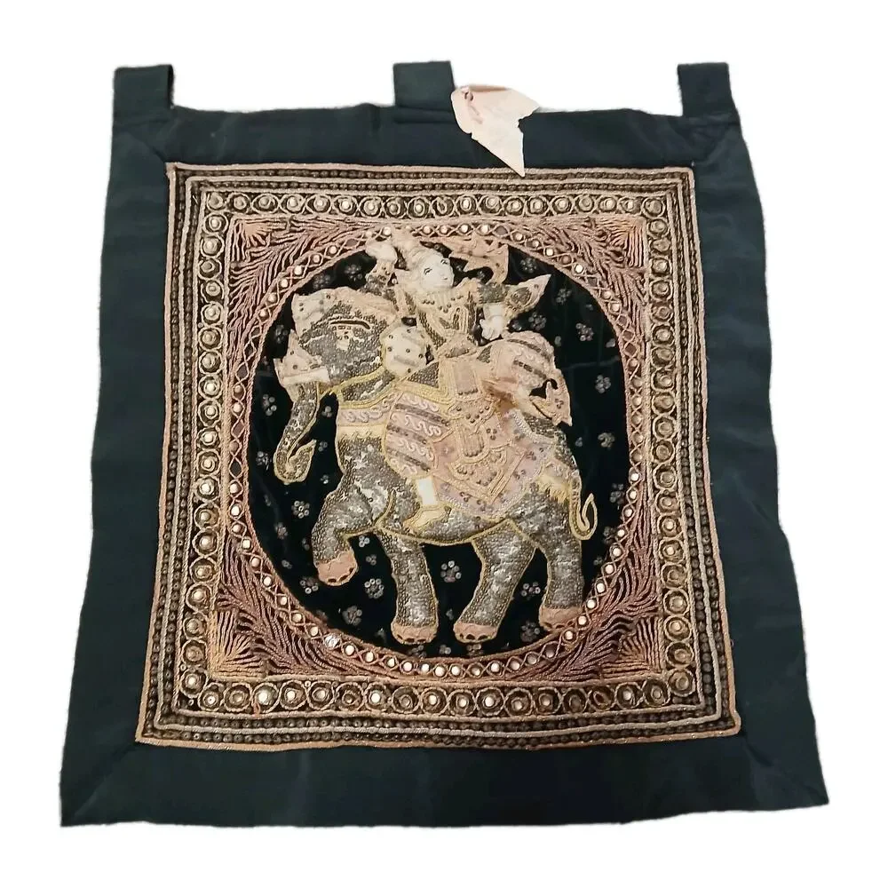 Vintage Thai Beaded Elephant Wall Hanging‎ Tapestry Velvet Gold Embroidery